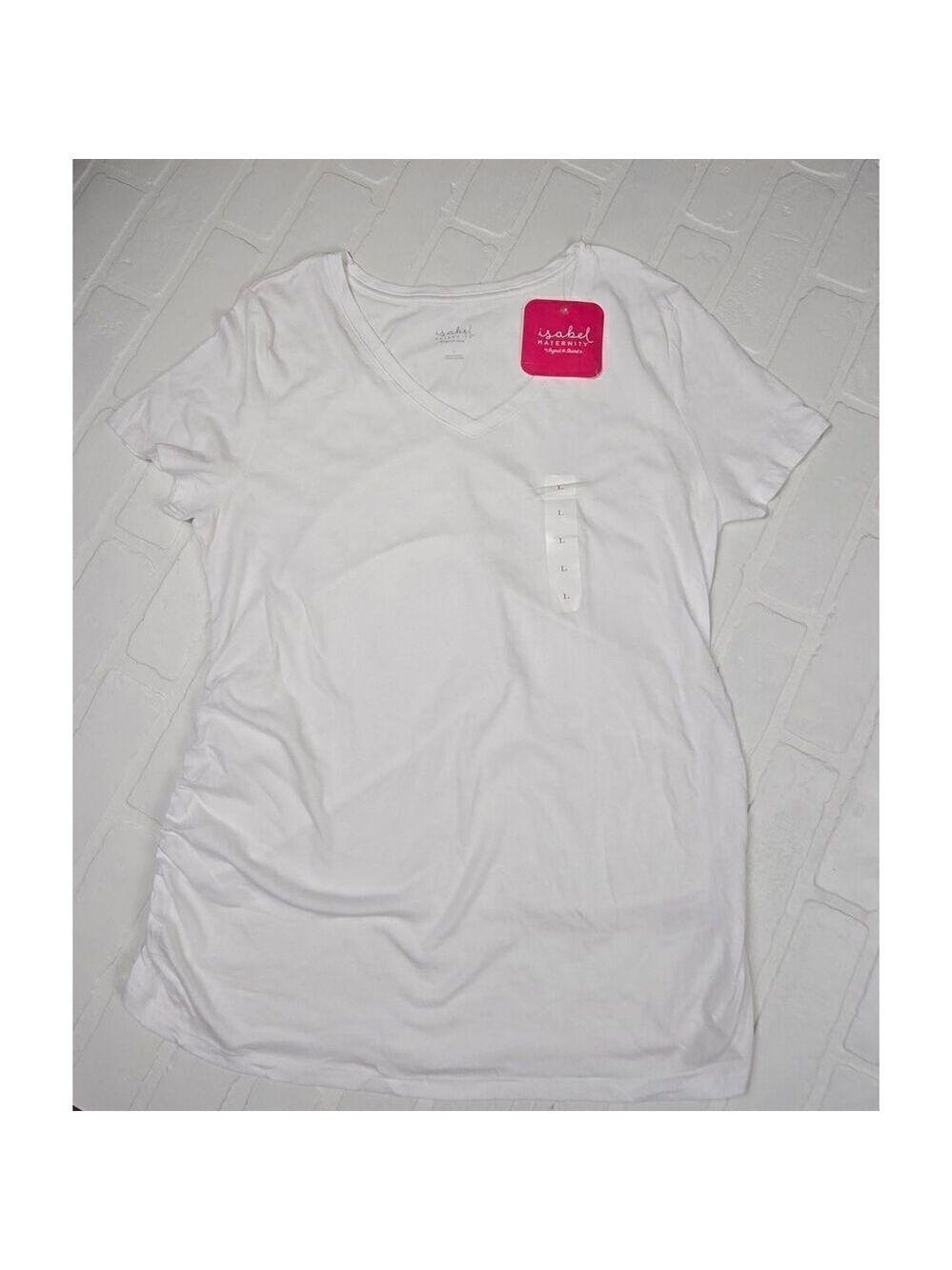 Isabel Maternity White V-Neck Side cinched Top Large